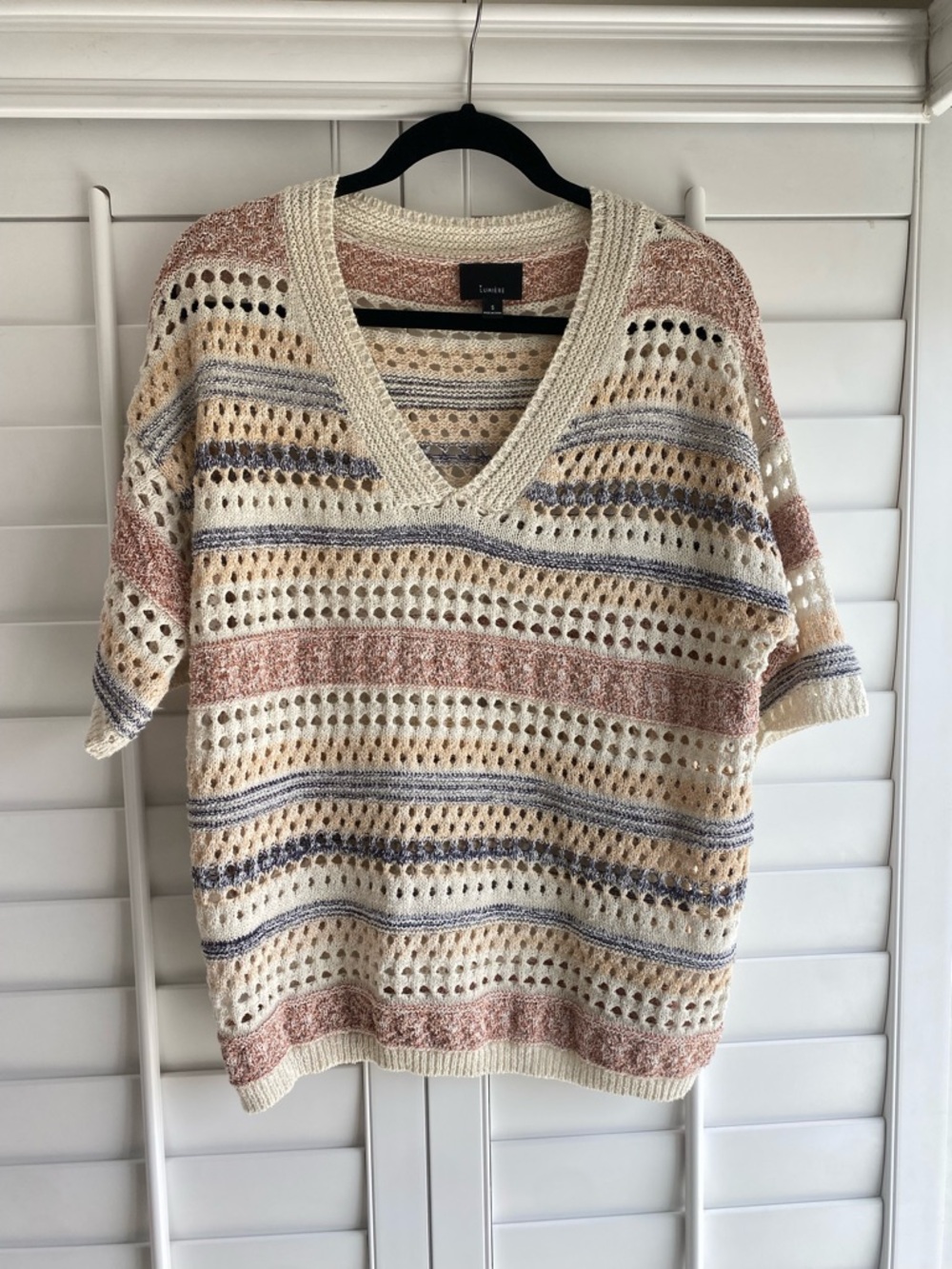 Lumiere Crochet Knit Striped V Neck Top Boho Neutral Size Small